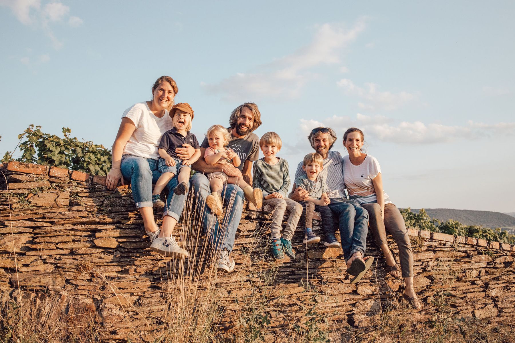 Auf der Trockenmauer im Weinberg der Weber Brüder